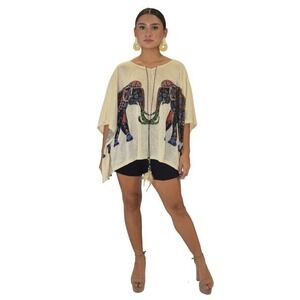 Step In Style Safari Elephant One Size Rhinestone Indian Tassel Poncho Artsy Y2K